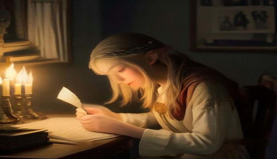 Ilustrație: un elf scrie scrisori la lumina lumânării